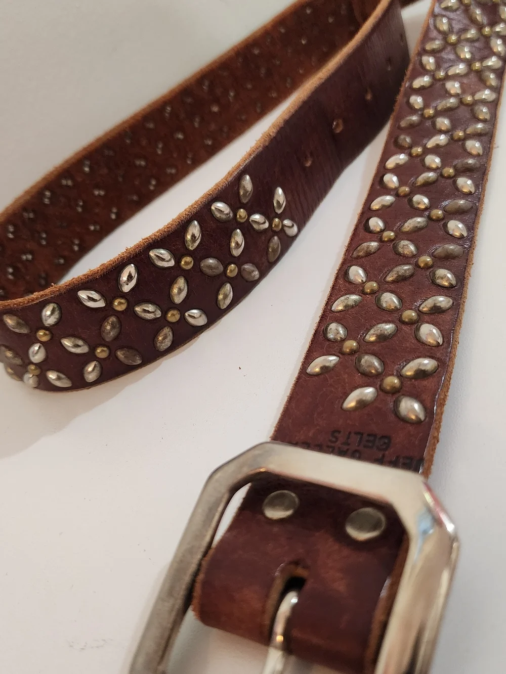 Brown Studded Leather Belt with Floral Metal Accents